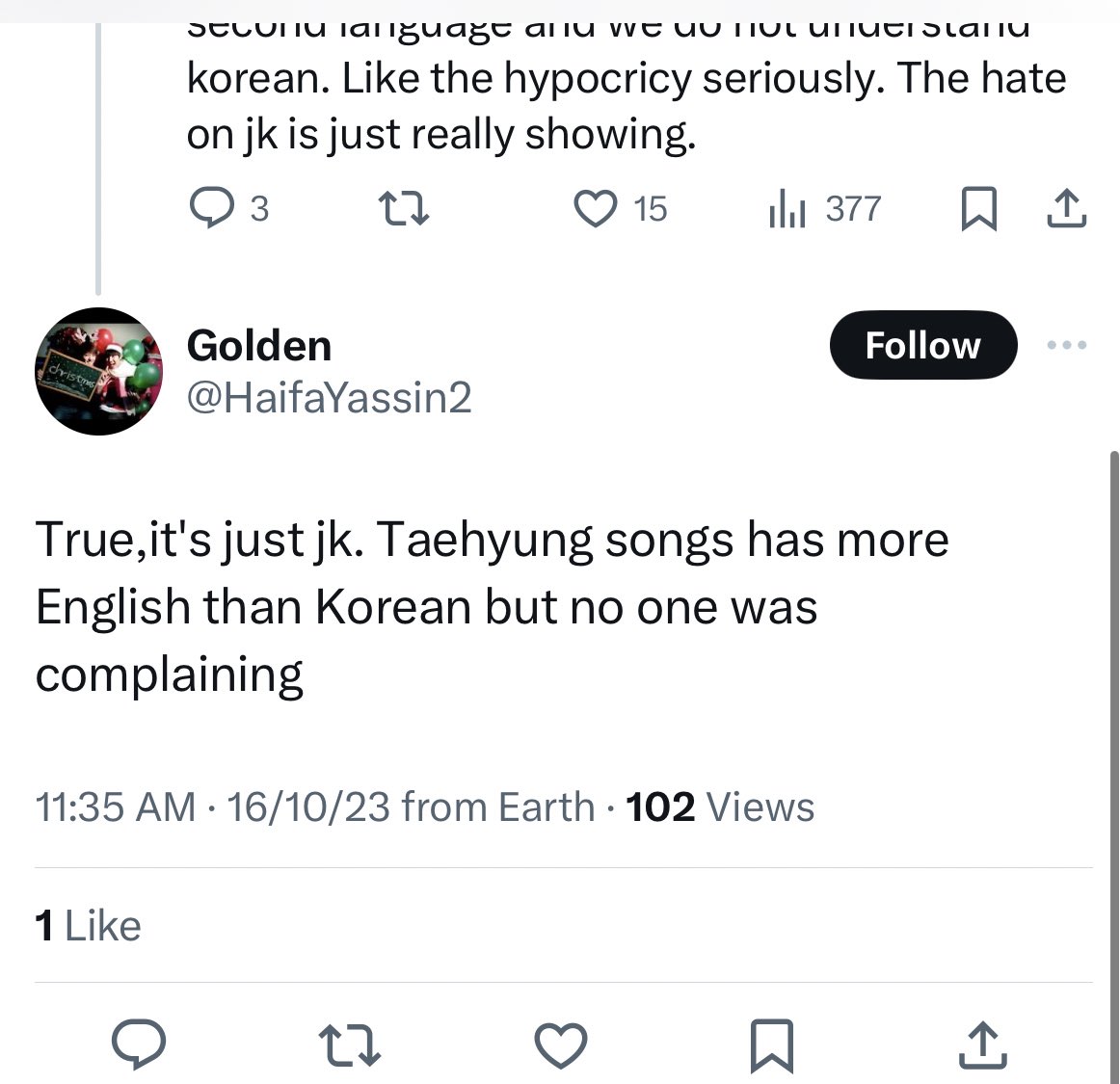 Unfollow and block!! Ot6 in ot7 What he done ?!?! Why yall hate 🐻 so much ?!?! @HaifaYassin2 Firstly both 🐰 and 🐻 deserve no hate for English song or for anything Why the fvck you will bring my boy in this ?!?! if he even breaths you have a problem