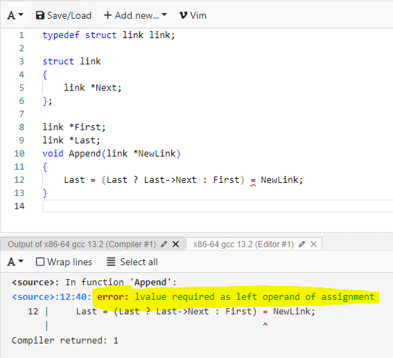cmuratori's tweet image. OK, so I have to add something to my list of "reasons I compile with C++ even though most of my code looks like C". The biggest one is operator overloading, but, since I basically never compile in straight C, I was sad to learn that ternaries aren't lvalues in C :(
UNACCEPTABLE!