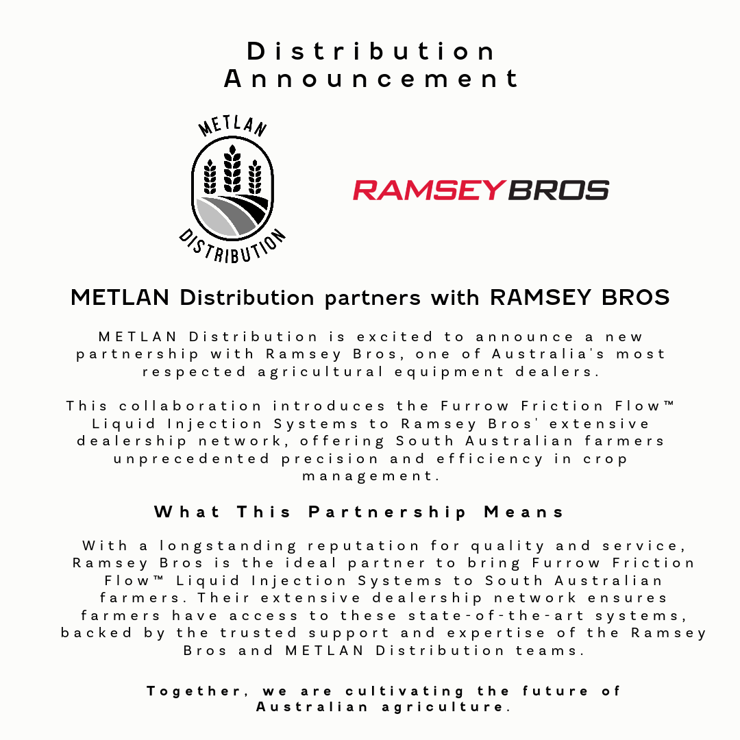 MetlanSolutions's tweet photo. METLAN Partners with Ramsey Bros to Bring Innovative Furrow Friction Flow™ Liquid Injection Systems to South Australian Farmers.

The Furrow Friction Flow™ Liquid Injection Systems are available now at all Ramsey Bros locations. https://t.co/RTEAOduTu8