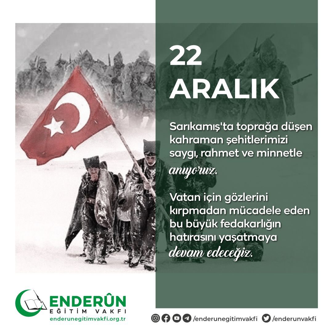Sarıkamış'ta toprağa düşen kahraman şehitlerimizi saygı, rahmet ve minnetle anıyoruz. Vatan için gözlerini kırpmadan mücadele eden bu büyük fedakarlığın hatırasını yaşatmaya devam edeceğiz.
#EnderunEğitimVakfı
#Sarıkamış