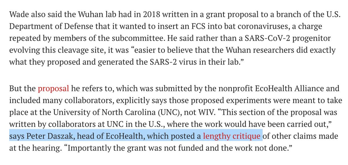 3) Science Magazine's @sciencecohen tried to knock down speculation about Wuhan research when veteran reporter Nicholas Wade testified in Congress. Who did Cohen quote? The authors of the proposal--Peter Daszak! Q: Is this journalism?