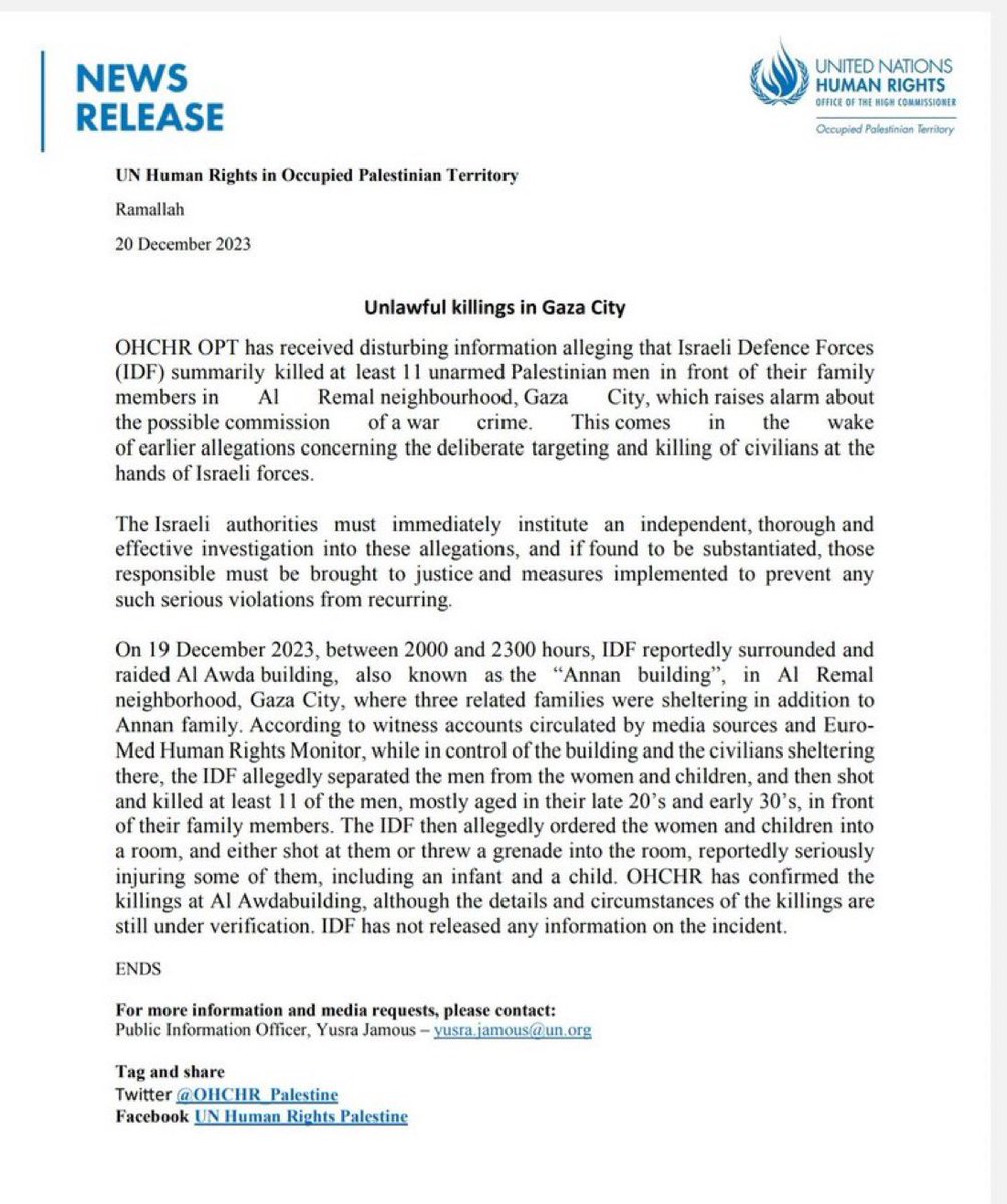 GuiraudInd's tweet image. 🇵🇸 Tout le monde doit savoir.

Le Haut-Commissariat des Nations Unies aux droits de l'homme parle d’un nouveau crime de guerre atroce de l’armée israélienne. 

Ses soldats auraient exécuté 11 hommes à Gaza, et enfermé les femmes et les enfants dans une pièce pour y jeter une…