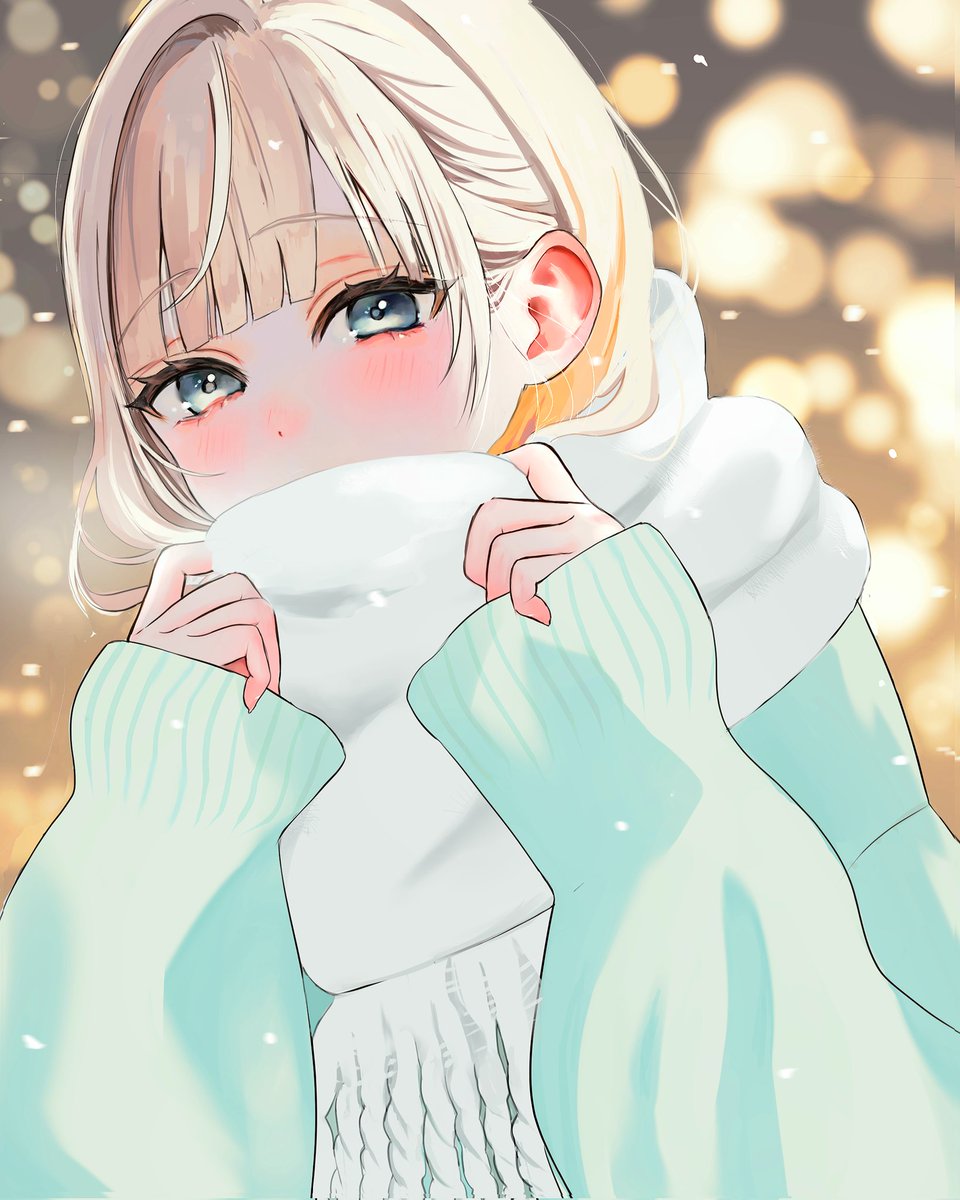 1girl solo scarf blush looking at viewer white scarf sweater  illustration images