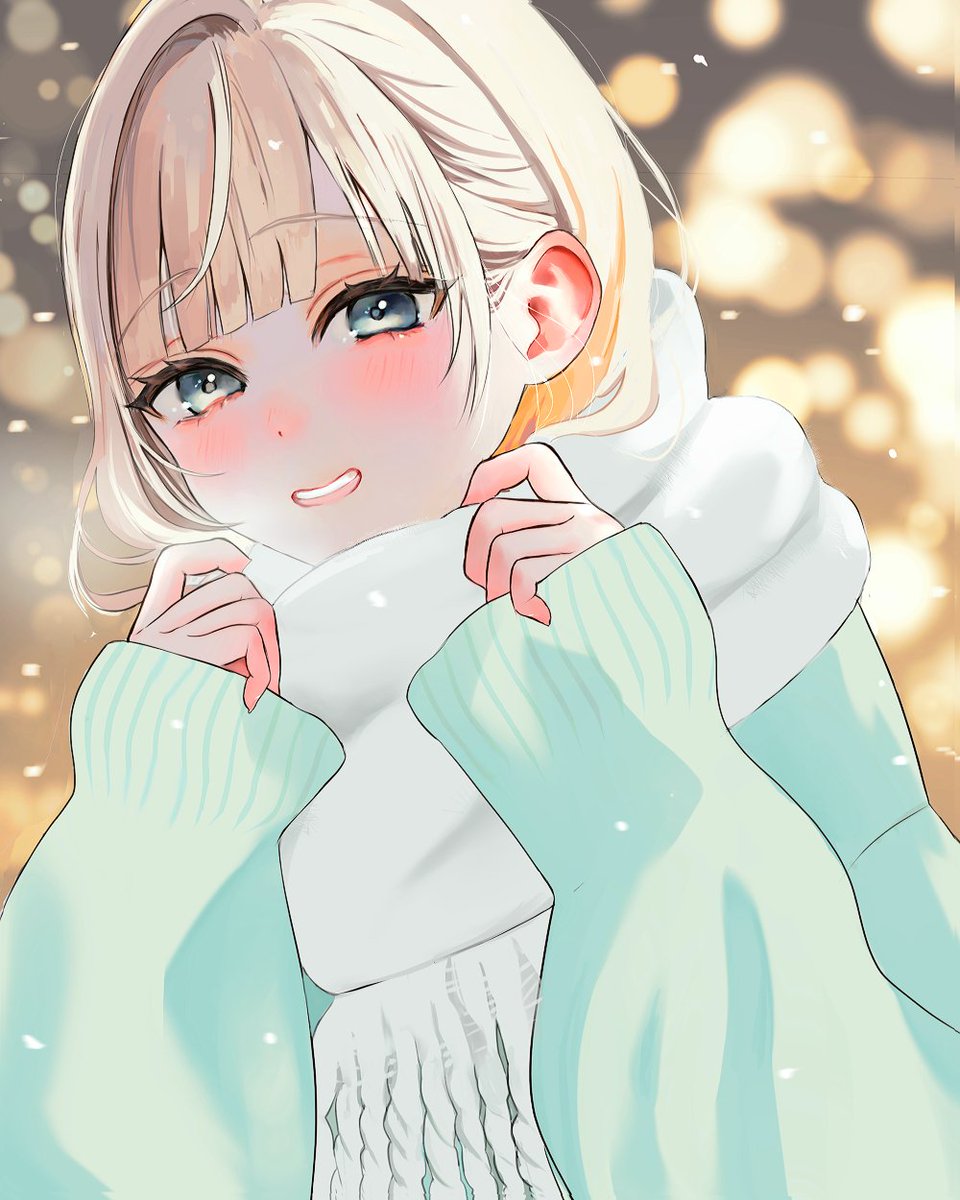 1girl solo scarf blush looking at viewer white scarf sweater  illustration images