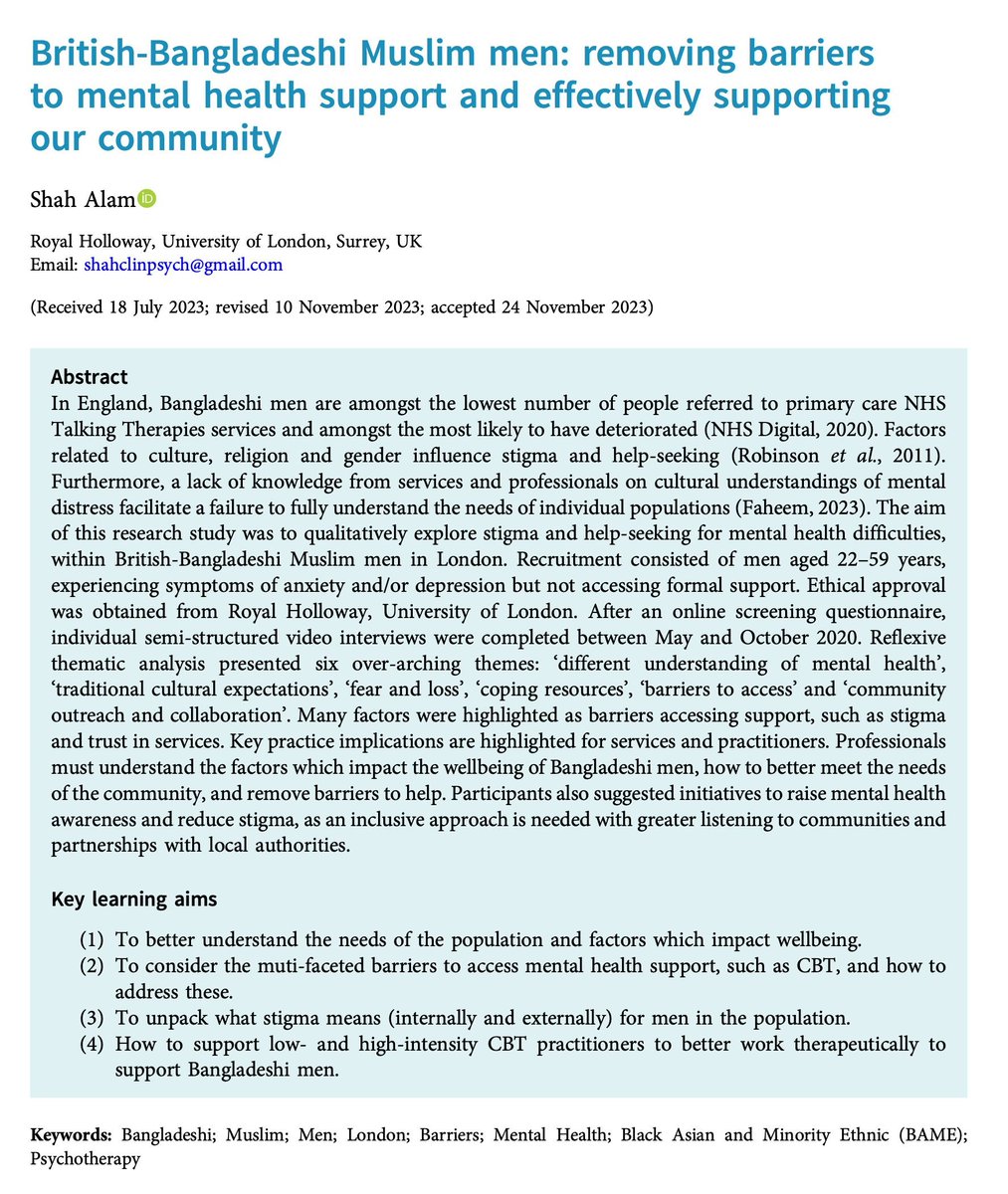 Alhamdulilah my doctoral research has been published sharing the voices of British-Bangladeshi Muslim men, highlighting factors that impact mental health and barriers to support. Free open access link: cambridge.org/core/journals/…