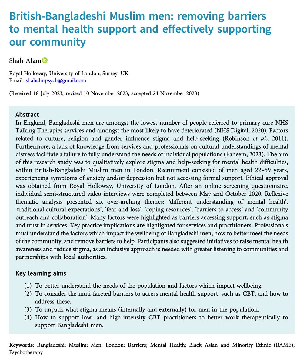Alhamdulilah my doctoral research has been published sharing the voices of British-Bangladeshi Muslim men, highlighting factors that impact mental health and barriers to support. Free open access link:

cambridge.org/core/journals/…