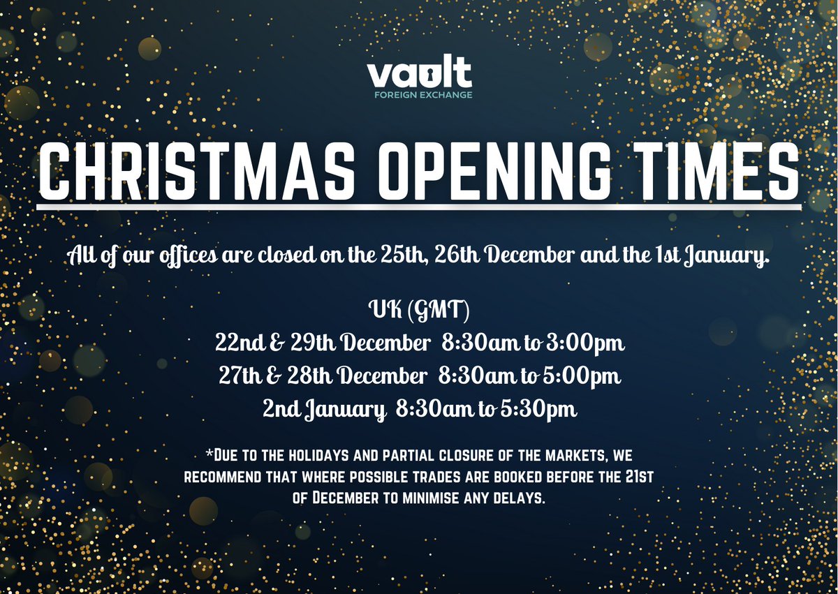 We wanted to say a big THANK YOU to all of our clients, family & friends! 🙏 Here are are our trading hours over the festive period; we recommend that where possible trades are booked before the 21st of December to minimise any delays! Happy Holidays! The Vault team 🎅