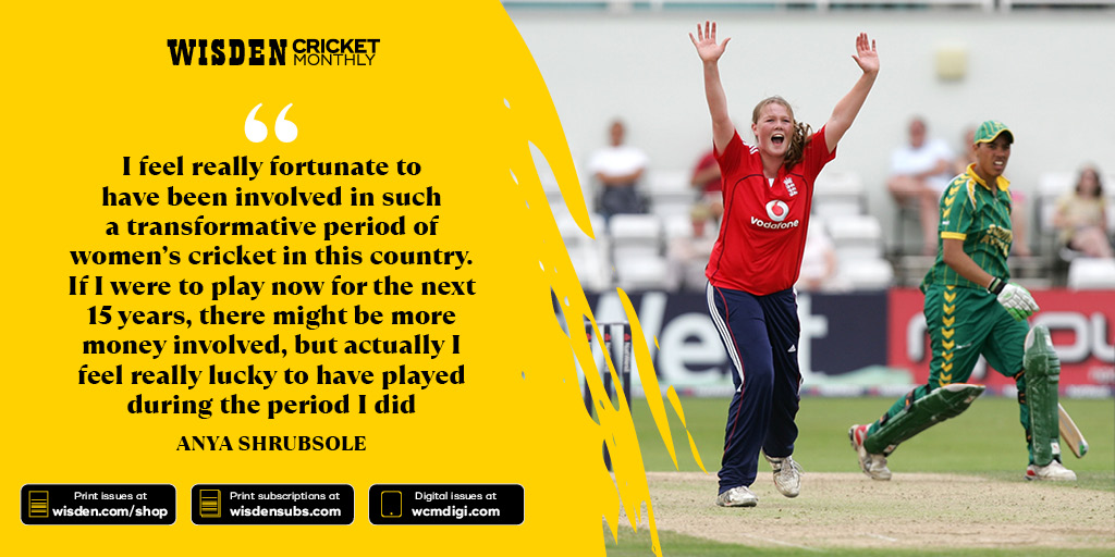 'I feel really fortunate to have been involved in such a transformative period of women's cricket in this country.' Anya Shrubsole speaking to @euancrumley in the latest WCM. Get your copy of the mag below ⬇️ PRINT: wisden.com/shop/wisden-cr… DIGI: wcmdigi.com