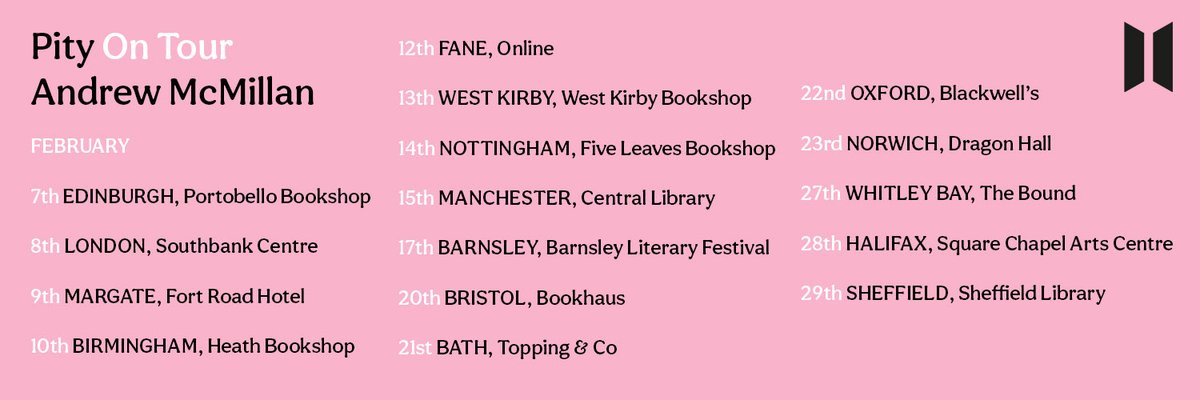 🖤Pity Parties 🩷 here’s the full list of where Pity will be heading for launches in February - details in the thread and handy links here : linktr.ee/pityandrewmcmi… Hope to see you there!