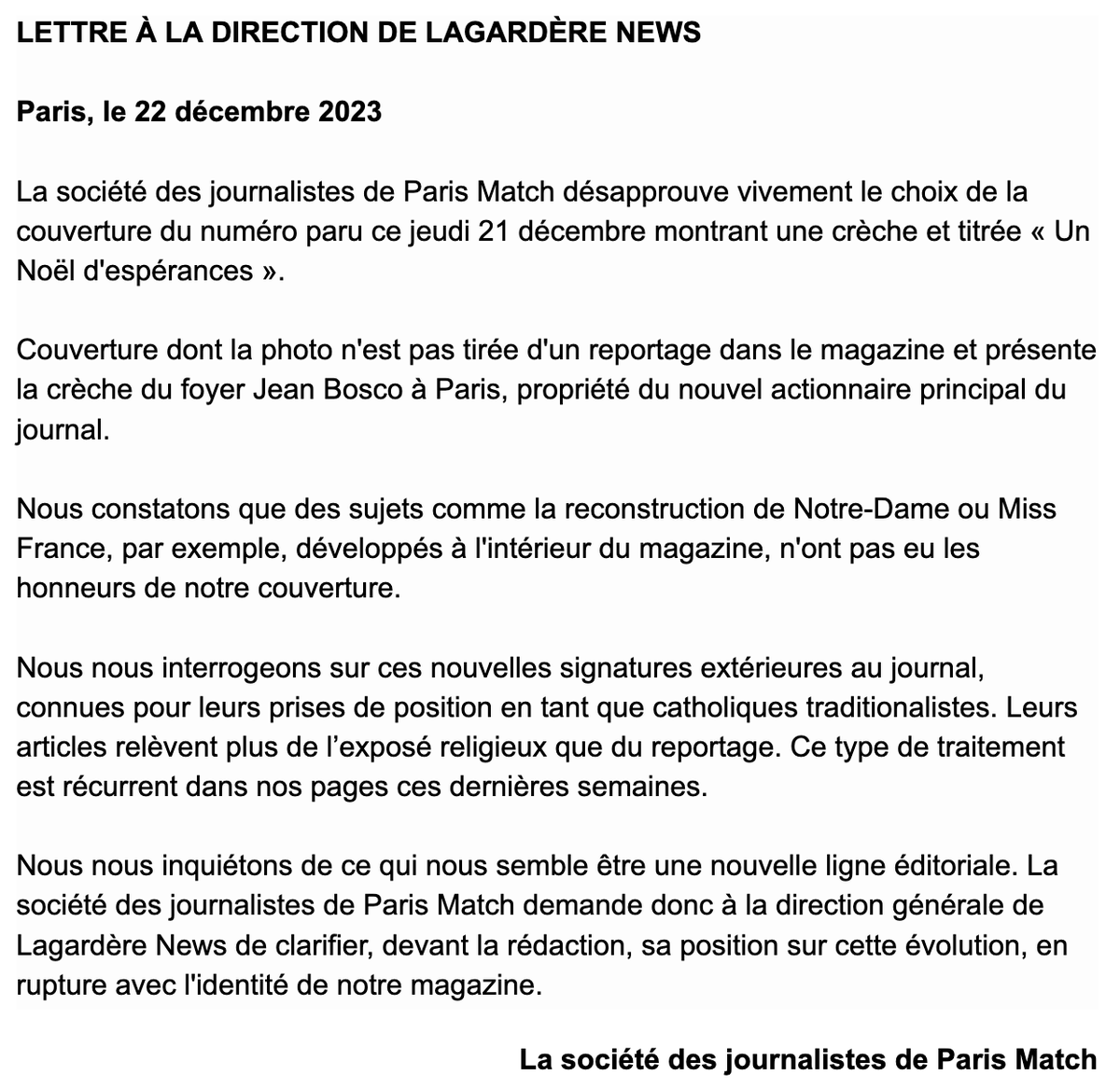 Suite à la couverture "Crèches" du dernier numéro, la SDJ de Paris Match s'inquiète vivement de l'évolution de la ligne éditoriale du magazine et demande à la direction de Lagardère News des clarifications.