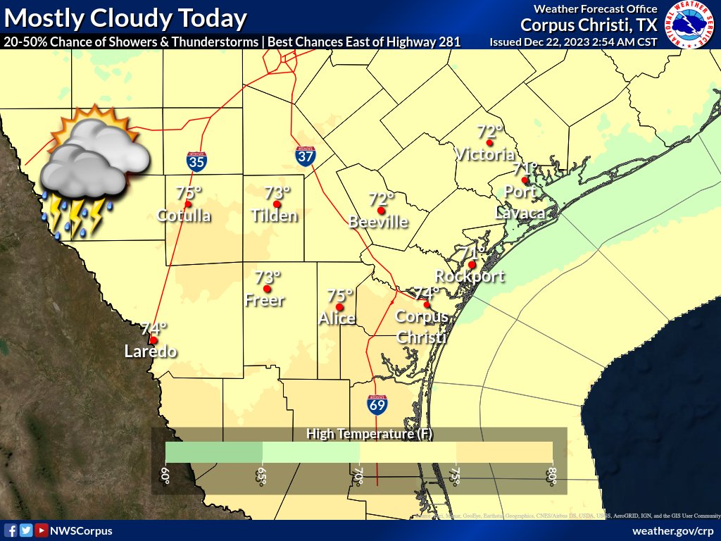 Highs today will settle into the mid 70s under mostly cloudy skies. An approaching upper level disturbance will lead to a 20-50% chance of showers and thunderstorms. The great chances will be generally east of Highway 281.