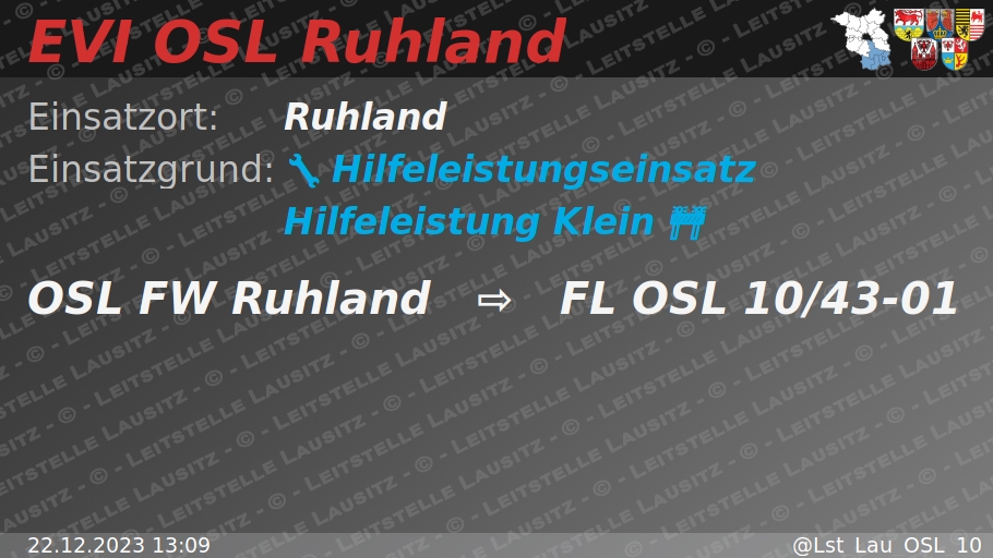 🚨 22.12.2023 13:09 🔧 🚧 H:Klein 🌐 Ruhland 🚒 ⇨ FW Ruhland wachalarm.leitstelle-lausitz.de/dbrd/ec1ef9d9-…
