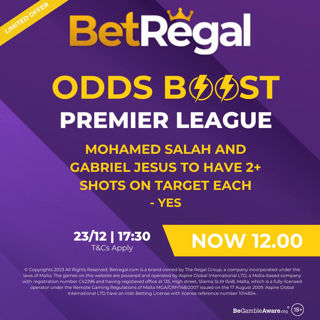 Premier League Odds Boosts!🚀

Bet €10 Get €10 when you sign up today!✅

Bet now: Visit BetRegal.com

18+ Only | T&amp;Cs Apply | BeGambleAware