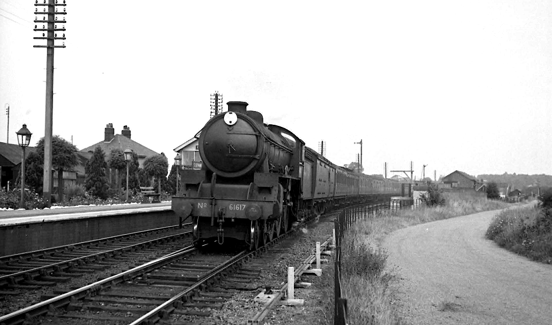 LNER B2 (originally B17/1) 4-6-0 61617 Ford Castle with the 10.25am departure from Elsenham This train was the 9.05am departure from Ely and called at all stations to Bishop’s Stortford where it terminated at 10.36. The connection was made here with the 10.53 to Liverpool Street.