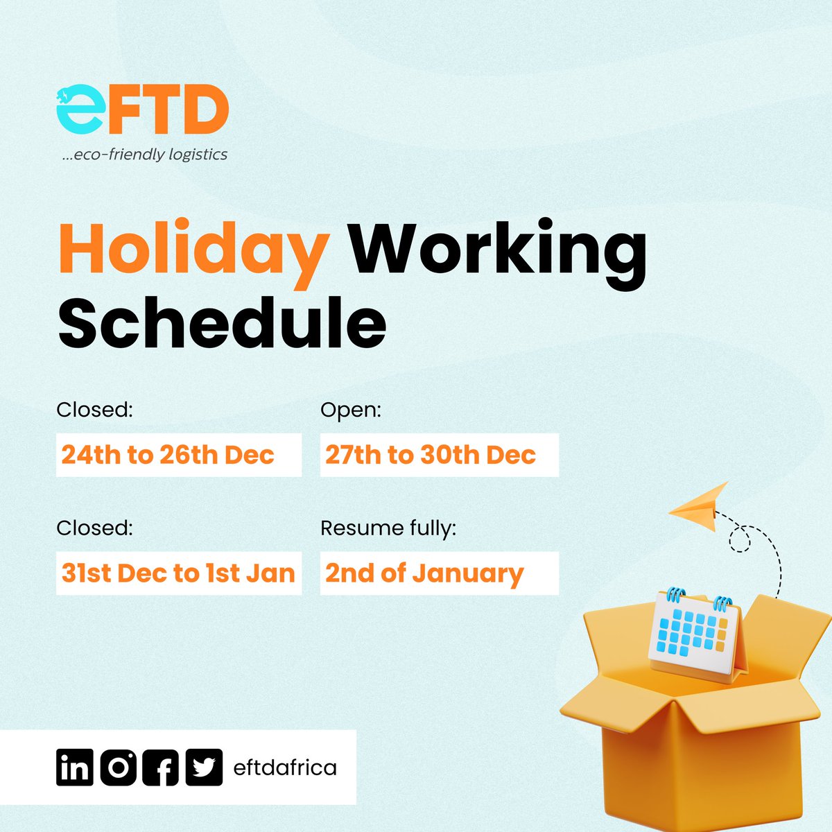As we embrace the festive season, here’s a quick look at our working schedule to keep you informed.

Thank you for choosing us as your logistics partner. 

🔗-eftdafrica.com

Wishing you a joyful and stress-free holiday season! 🎁📦 

#HolidaySchedule #LogisticsPartner…