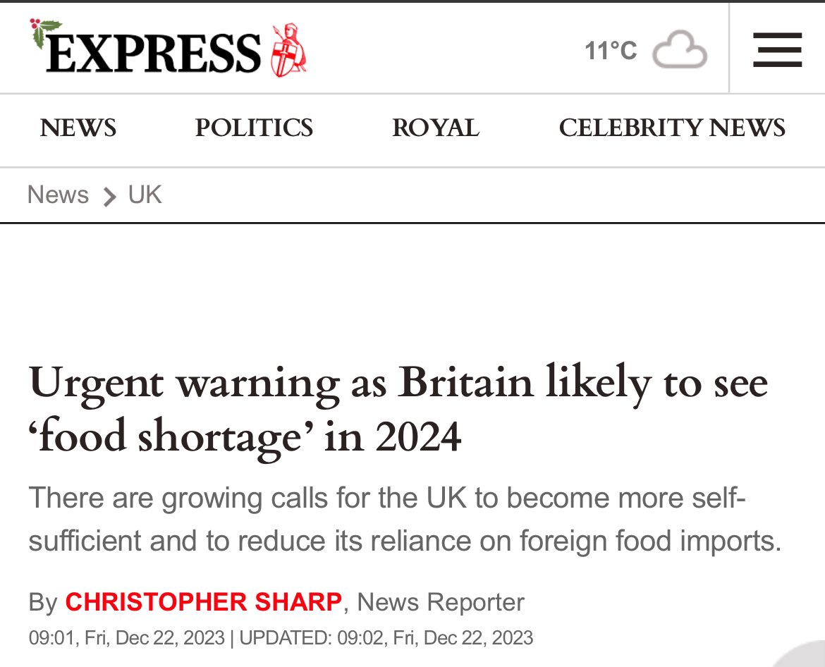 According to the Express, we could be going hungry in 2024 as Brexit raises its ugly head again... 'Furthermore, at the end of next month, there will be new checks on food coming into the UK from the European Union, exacerbating the problems.' express.co.uk/news/uk/184818…
