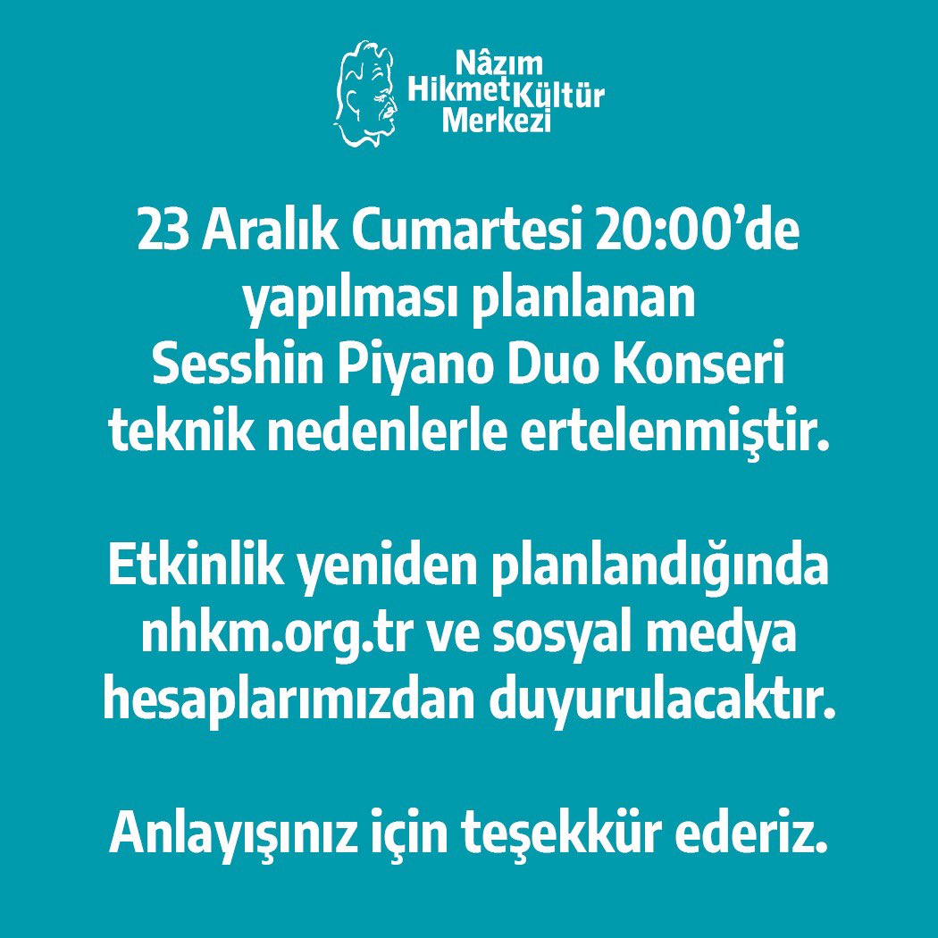 23 Aralık Cumartesi 20:00’de yapılması planlanan Sesshin Piyano Duo Konseri teknik nedenlerle ertelenmiştir.

Etkinlik yeniden planlandığında nhkm.org.tr ve sosyal medya hesaplarımızdan duyurulacaktır.

Anlayışınız için teşekkür ederiz.