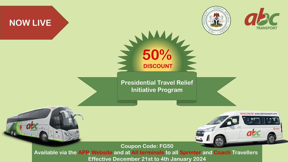 ABCTransportPlc's tweet image. In-line with the Federal Government’s directive on the Presidential Travel Relief Initiative Program we have official commenced implementation of this and now Travellers can enjoy discounted rides on behalf of @NGRPresident 🇳🇬 🎄