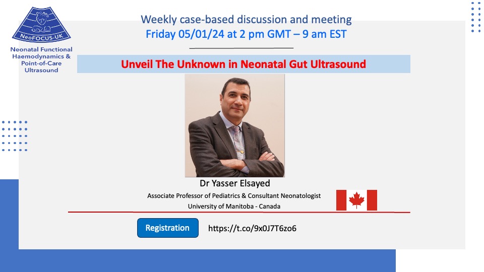 Join us on the 5th of January for this exciting talk by Dr Yasser Elsayed on neonatal gut ultrasound. #NeoPOCUS

Please note: Meeting time will change to 2 pm GMT, 9 am EST from January 2024.

Registration: us02web.zoom.us/meeting/regist…