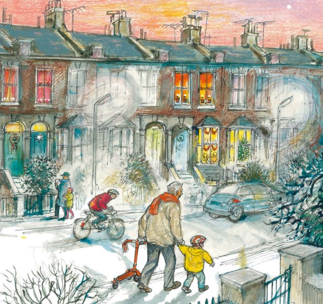 Today's Shirley Hughes #12DaysofChristmas comes from Alfie's Christmas, one of the stories in the @PuffinBooks collection A Shirley Hughes Christmas. Great-Uncle Will and Alfie go out after lunch to test Alfie's new scooter.