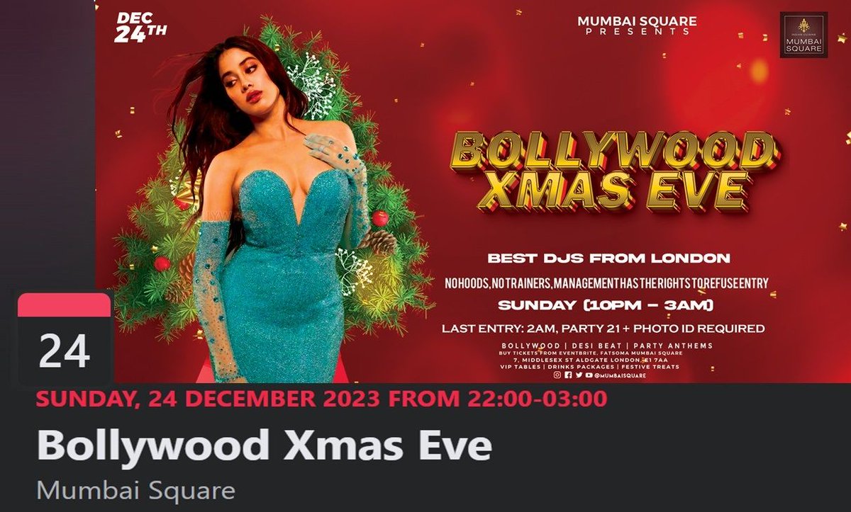 Mumbai Square annual BOLLYWOOD XMAS EVE
#bollywoodbash 🎄🎅🏽🎉
Sunday 24th December 
10pm - 3am 
@mumbaisquare
🎟 Tickets available now at 
buff.ly/3NpEEL7
#londonclub #londondiaries #londonvibe #partywithms #djs #londonnightclubs #londonnightlife #partyscene #party