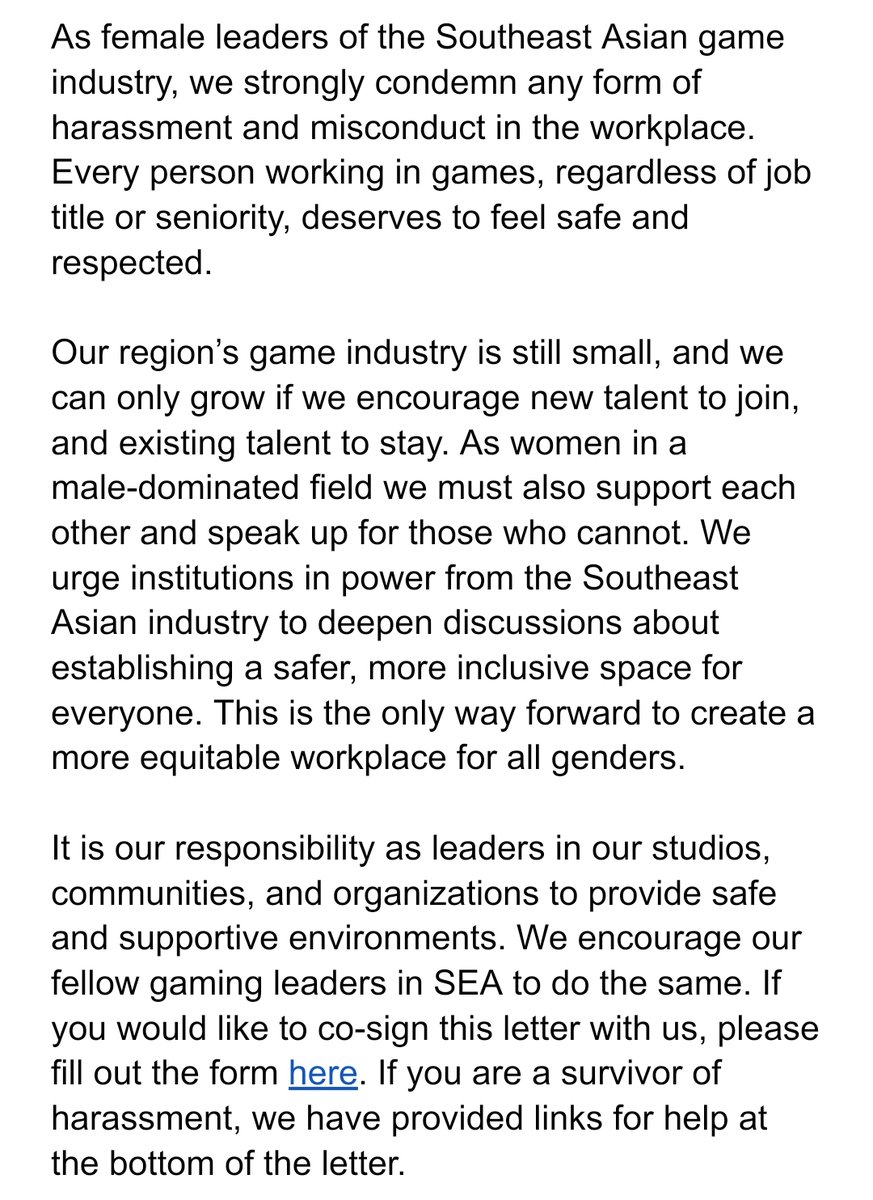 I stand with other female leaders of the Southeast Asian game industry against all forms of sexual harassment and workplace misconduct.

Read our collective statement and co-sign with us here: bit.ly/SEAwomenleaders

#gamedev #womeningames