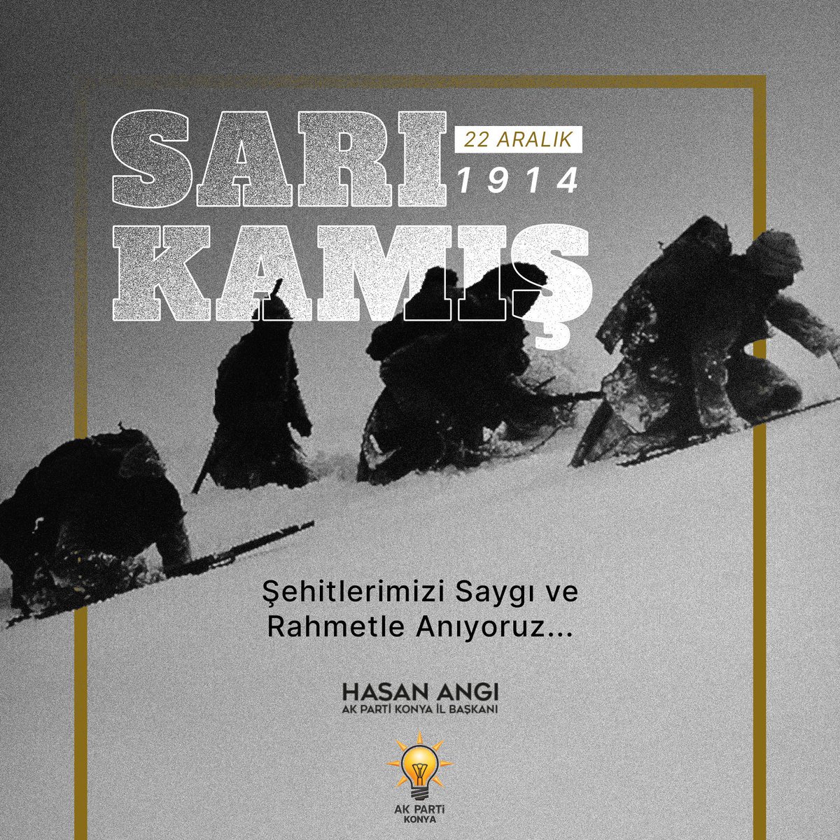 HasanAngiHA's tweet photo. İstiklal ve istikbal uğruna canlarını feda eden Sarıkamış şehitlerimizi saygı ve rahmetle anıyorum.

Ruhları şad, mekanları Cennet olsun.🇹🇷

#Sarıkamış
#22Aralık1914 https://t.co/AtYUy4hf3b