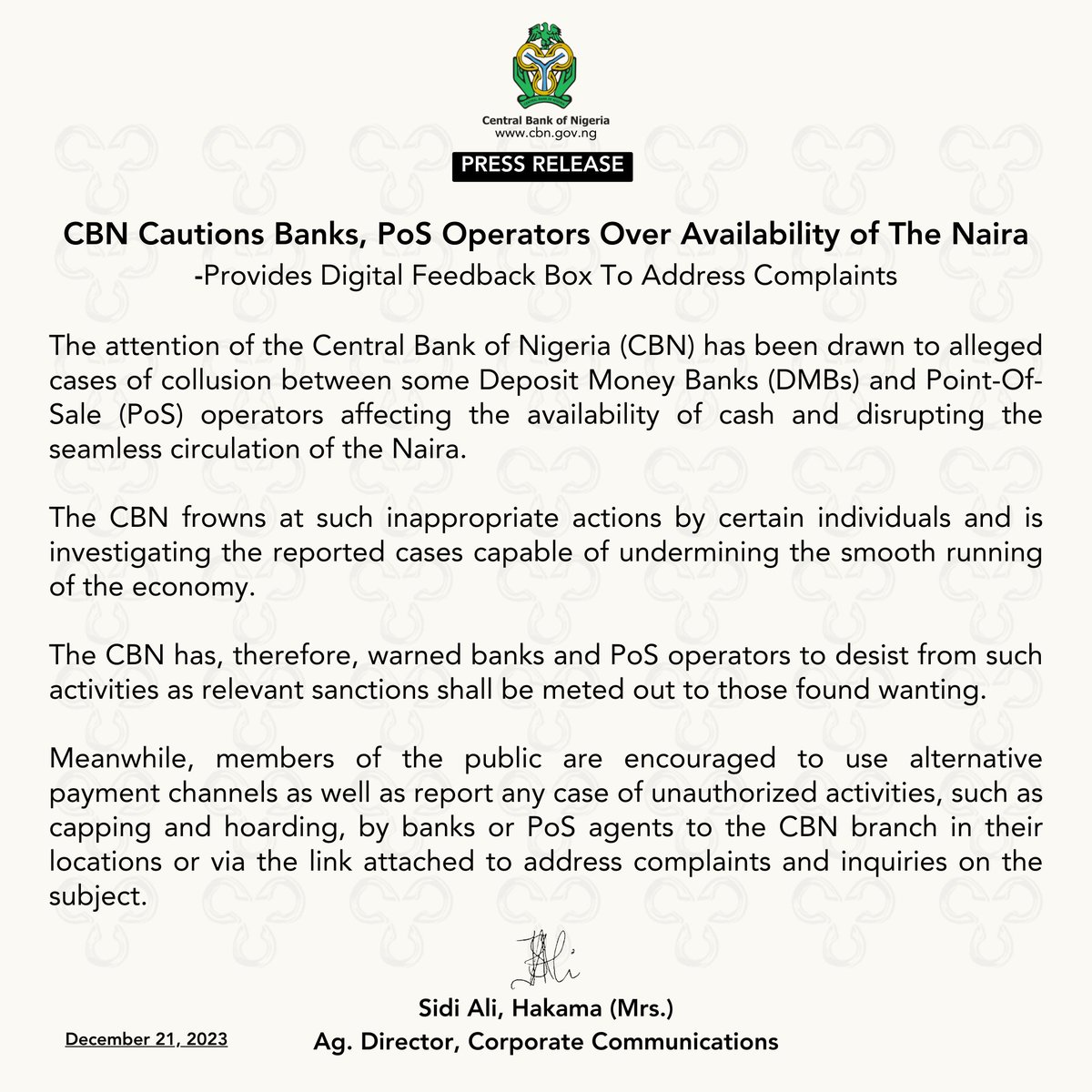 CBN Cautions Banks, PoS Operators Over Availability of the Naira… Provides Digital Feedback Box to Address Complaints...forms.office.com/r/frZJ0f2hFQ