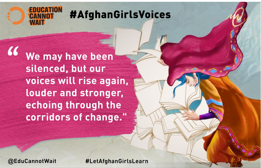 We may have been silenced, but our voices will rise again, louder & stronger, echoing through the corridors of change.' @EduCannotWait's #AfghanGirlsVoices campaign lifts the voices of Afghan girls whose right to #education is being denied. Learn more 👉bit.ly/afghangirlsvoi…