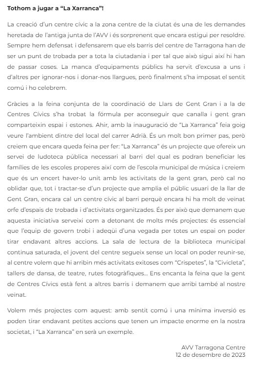 Per algun motiu que desconeixem, últimament la premsa local no publica els escrits que els fem arribar.

Per sort us els podem compartir per aquí 

Aquí teniu el nostre punt de vista sobre el nou espai lúdic a #Tarragona.