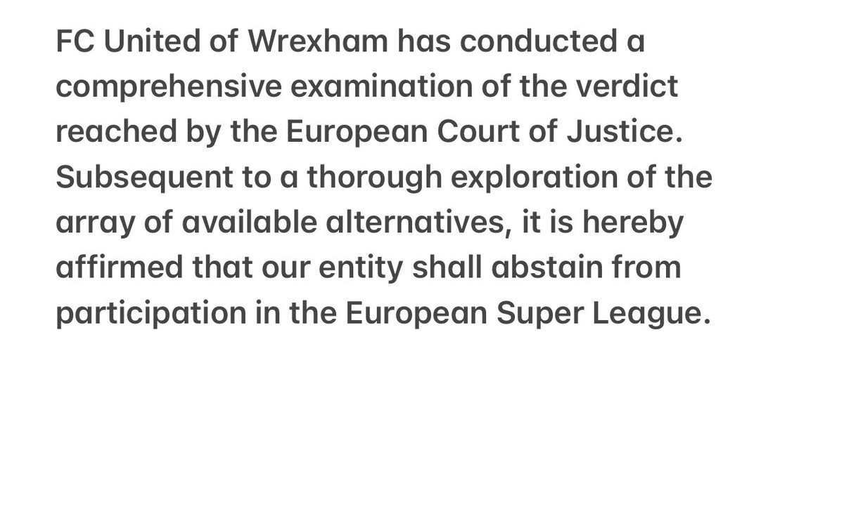 🏴󠁧󠁢󠁷󠁬󠁳󠁿 CLUB STATEMENT 🏴󠁧󠁢󠁷󠁬󠁳󠁿 FC United of Wrexham have examined the outcome that the European court of Justice have concluded & after exploring all options on the table we can confirm that we will NOT be joining the European Super League. 🙅‍♂️ #fcutdofwxm #EuropeanSuperLeague