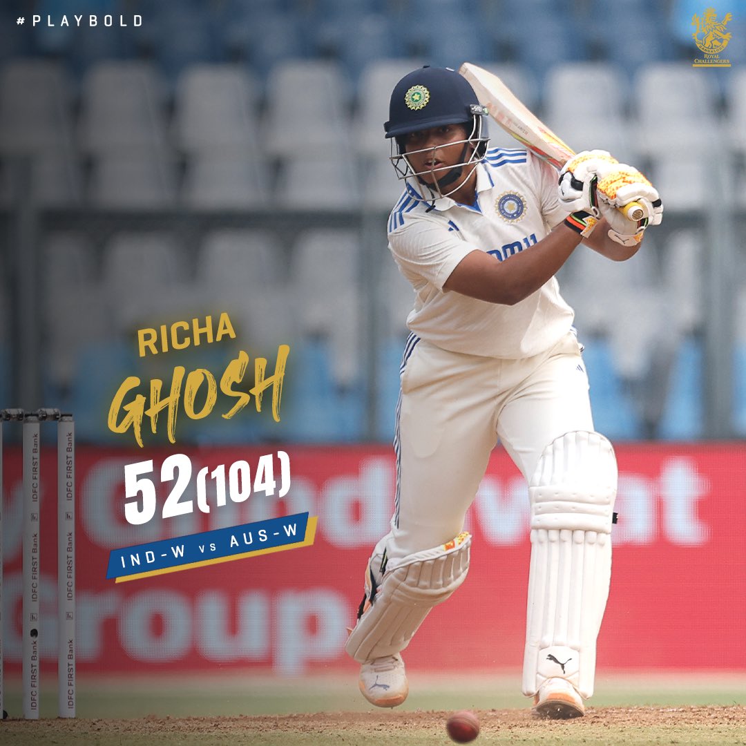 First Test Innings 🤝 First Test Fifty Richa's announced herself in the longest format in style 💪 #PlayBold #ನಮ್ಮRCB #INDvAUS @13richaghosh