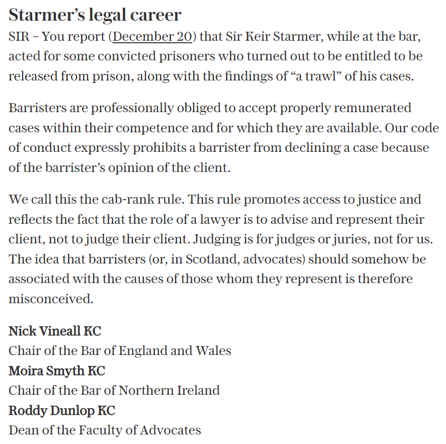 Nick Vineall KC, Moira Smyth KC, & @RoddyQC respond to the @Telegraph front page 'Starmer helped free dangerous prisoners' -'The idea that barristers (or advocates) should somehow be associated with the causes of those whom they represent is misconceived.' telegraph.co.uk/opinion/2023/1…