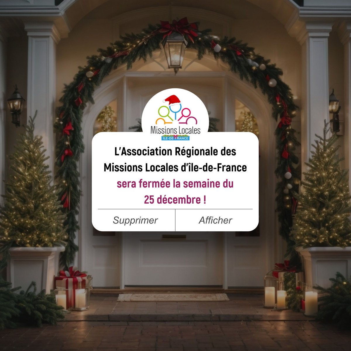 L'Association Régionale des Missions Locales d'Île-de-France sera fermée la semaine du 25 décembre. Nous vous retrouverons dès le 2 janvier 2024 ! D'ici là, passez de joyeuses fêtes de fin d'année 🎄✨ 🥳