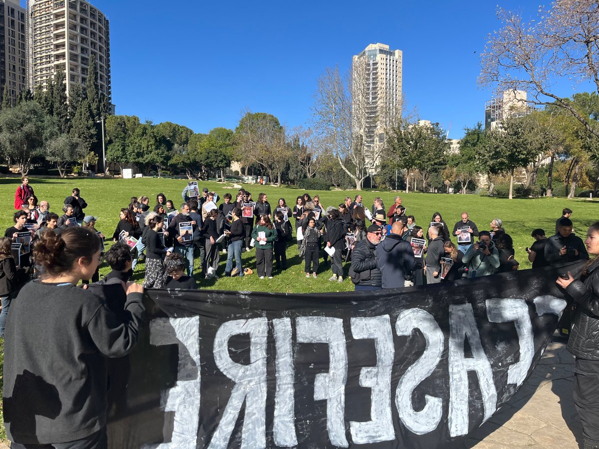 Happening now: Dozens of Israeli Jewish activists gathering for a vigil in front of the US embassy in Jerusalem, calling for a ceasefire and mourning the 20,000 Palestinians killed by Israel’s bombardment of the Gaza Strip