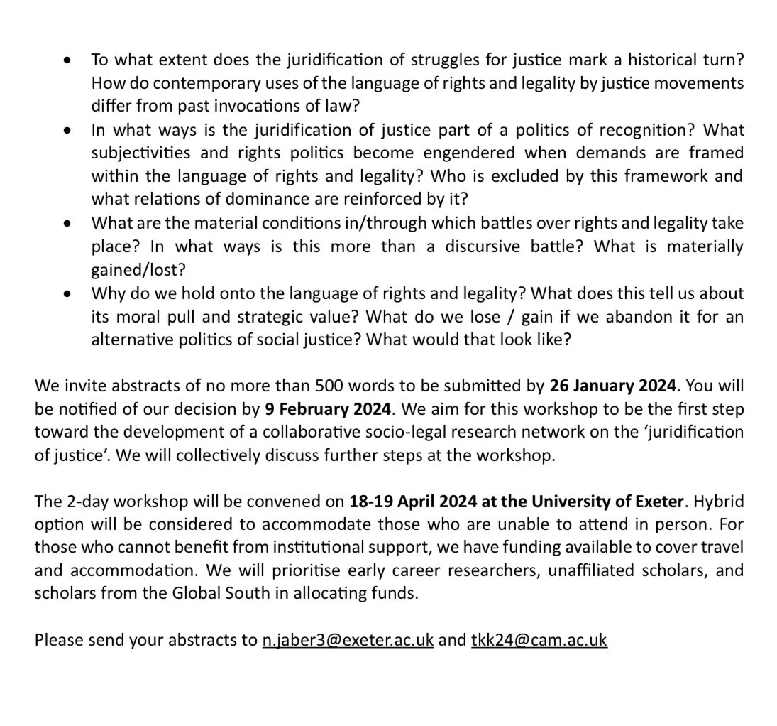 Call for Papers- Come join @tor_krever and I in thinking about the ‘juridification of justice’ in April at @ExeterLawSchool What happens when struggles for justice become battles over rights & questions of legality? What has been gained & lost through the turn to juridification?