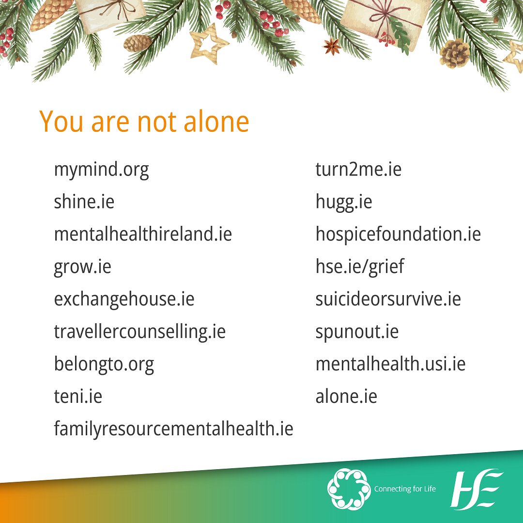 Over #Christmas2023 & New Year it's important you check in on yourself, those around you and look after your wellbeing. If you're finding the festive season difficult, take some time out, and reach out for some support if you need it. #YourMentalHealth www2.hse.ie/mental-health/…