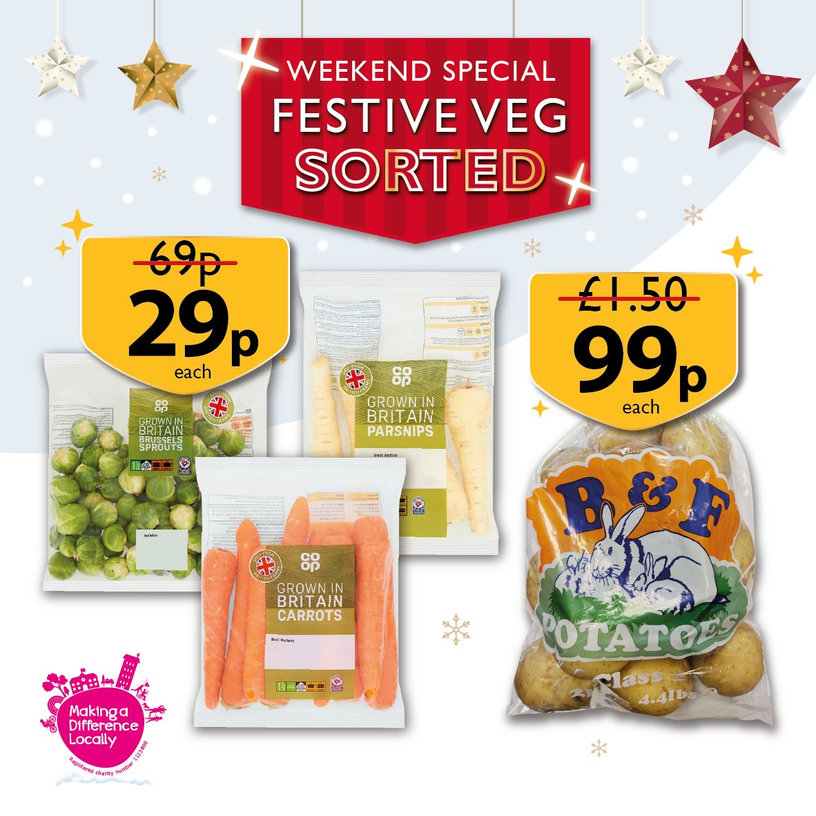 ⭐ Price slice now in store ⭐ Pick up Co-op Sprouts 450g, Co-op Carrots 1kg and Co-op Parsnips 500g - Was 69p, now 29p each! Grab a bag of B&F White Potatoes 2kg too - Was £1.50, now just 99p each! Available at all Proudfoot stores for a limited time only while stocks last.