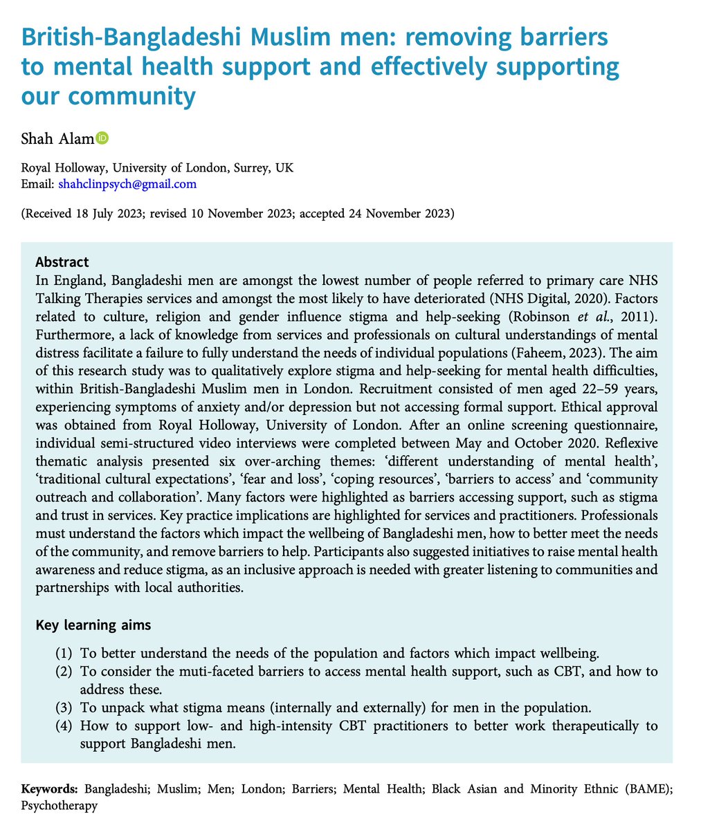 tCBT New paper: British-Bangladeshi Muslim men: removing barriers to mental health support and effectively supporting our community Full free text at buff.ly/3vdkFsL @Shah_257 @BABCP