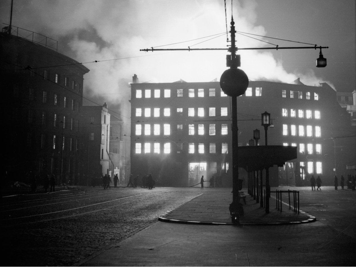 From 22nd Dec #OTD 1940 for two nights, about 1,000 people died in Manchester's Christmas Blitz. My mother was aged eight and a bomb destroyed the family's home in Hulme while they were in it. They saved themselves by diving under the kitchen table - mum, dad, three kids, budgie.