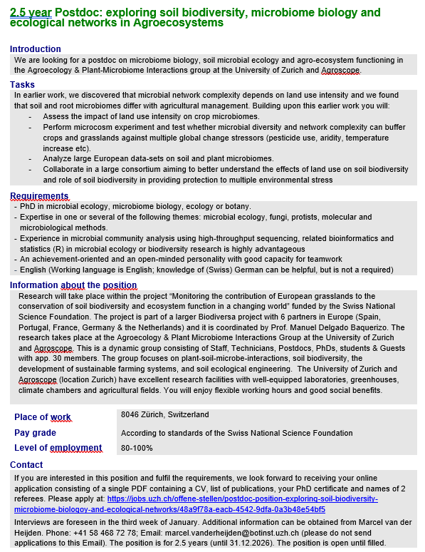 van der Heijden Lab (@vandeheijdenlab) on Twitter photo New 2.5 year postdoc position in our group: exploring soil biodiversity, microbiome biology and ecological networks in agroecosystems.
jobs.uzh.ch/offene-stellen…
In a very nice Biodiversa consortium: <a href="/ManuDelBaq/">ManuDelgadoBaquerizo</a>; @PabloGarciaPal; <a href="/frantecol/">Prof. Franciska de Vries 🦠🍄🪱🌱🍂🌍</a>; <a href="/MicrobialMarie/">Marie Simonin</a>; C. Guerra; J. Sousa New 2.5 year postdoc position in our group: exploring soil biodiversity, microbiome biology and ecological networks in agroecosystems.
jobs.uzh.ch/offene-stellen…
In a very nice Biodiversa consortium: <a href="/ManuDelBaq/">ManuDelgadoBaquerizo</a>; @PabloGarciaPal; <a href="/frantecol/">Prof. Franciska de Vries 🦠🍄🪱🌱🍂🌍</a>; <a href="/MicrobialMarie/">Marie Simonin</a>; C. Guerra; J. Sousa