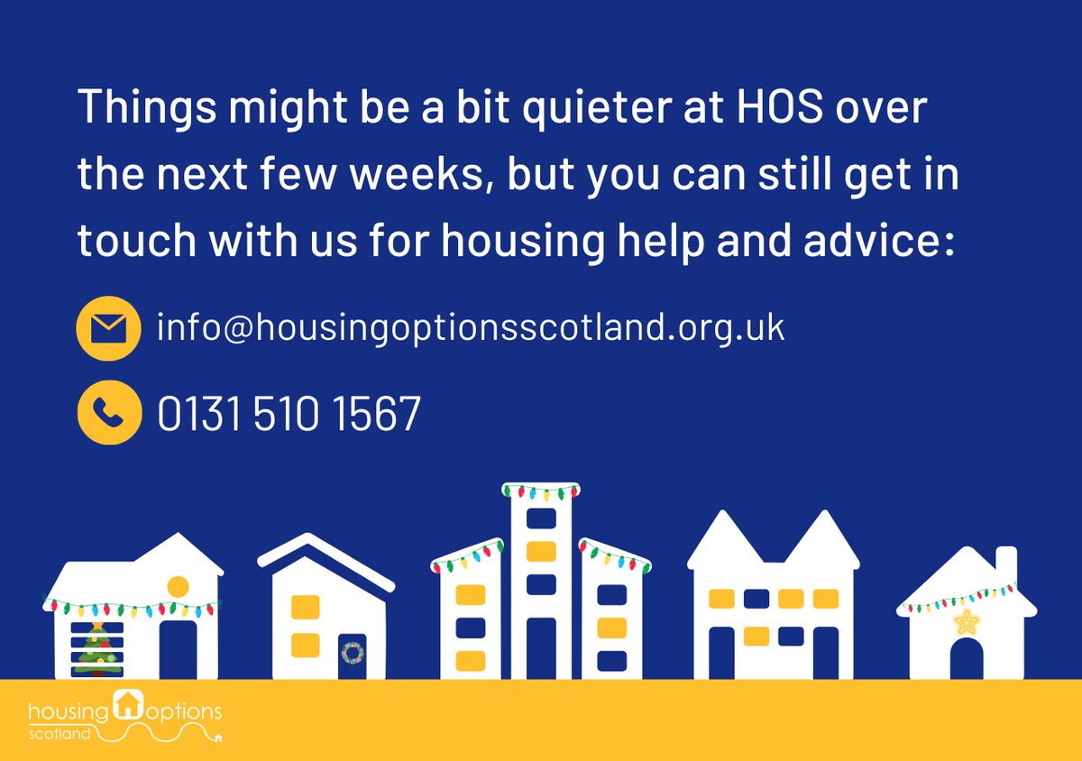 Things will be quieter at HOS over the festive period, but you can still get in touch for housing help and advice 🏡❄️ The best way to contact us over the next few weeks is by phone or email. Contact details are below or on our website: housingoptionsscotland.org.uk