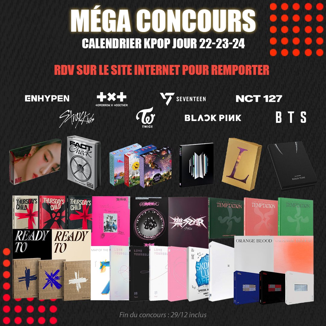 Pour les 3 derniers jours du #calendrierkpop nous vous proposons un méga concours avec de nombreux lots et artistes à l'honneur ! RDV sur notre site pour participer et choisir ton artiste préféré : live.umusic.com/calendrier-kpop #concours #concoursKPOP