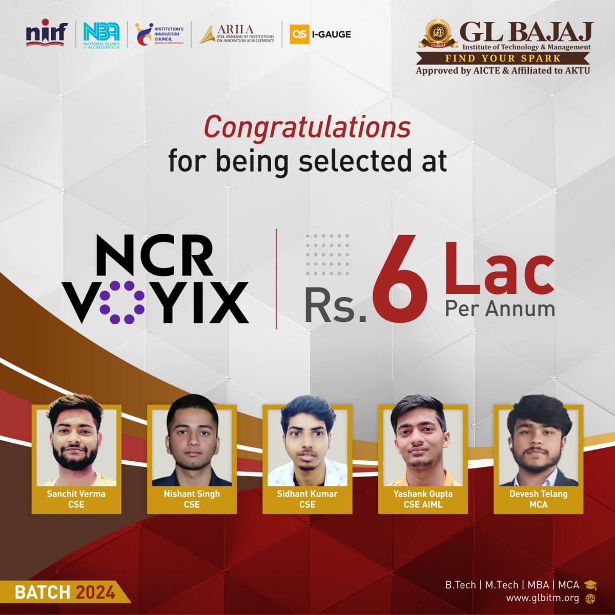 #GLBajaj (#GLBITM) is very proud to announce the placement of its 5 bright #students from #BTech ( CSE, AIML) and #MCA Batch 2024 for getting placed at NCR Voyix Corporation.

#campusplacement #education #CSE #cseaiml #NCRVoyixCorporation #jobs #jobs2024 #placements2024