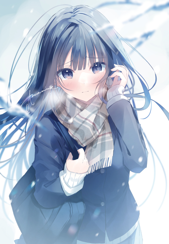 1girl solo scarf long hair looking at viewer blush bag  illustration images