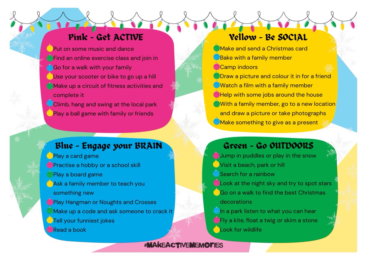 We challenge you to #makeactivememories over the Holidays 🎄Choose an activity to get active, be social, engage your brain or go outdoors. Colour a bauble on the tree when you complete it. Can you fill the tree and the star? Tag us in your activities and use #makeactivememories