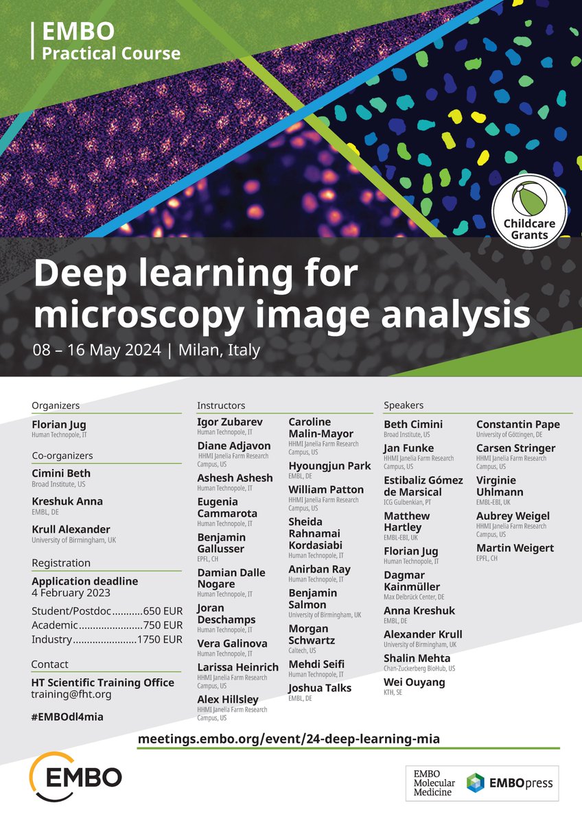 🔬The future of #bioimageanalysis relies on #DeepLearning and #AI. How to navigate the new state-of-the-art techniques and how can these tools be used on your datasets? Join us in Milan for the 2024 edition of the @EMBO #EMBOdl4mia Practical Course!👉 humantechnopole.it/en/trainings/d…