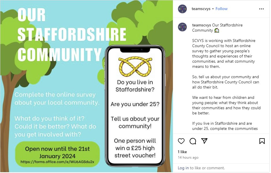 We're supporting @StaffordshireCC to gather the views of local young people on community and what would make them better A £25 voucher up for grabs too! Their views will shape a new Communities strategy Please share Open until 21st January 2024 ⬇️⬇️⬇️ forms.office.com/e/WU6AGSdu2x