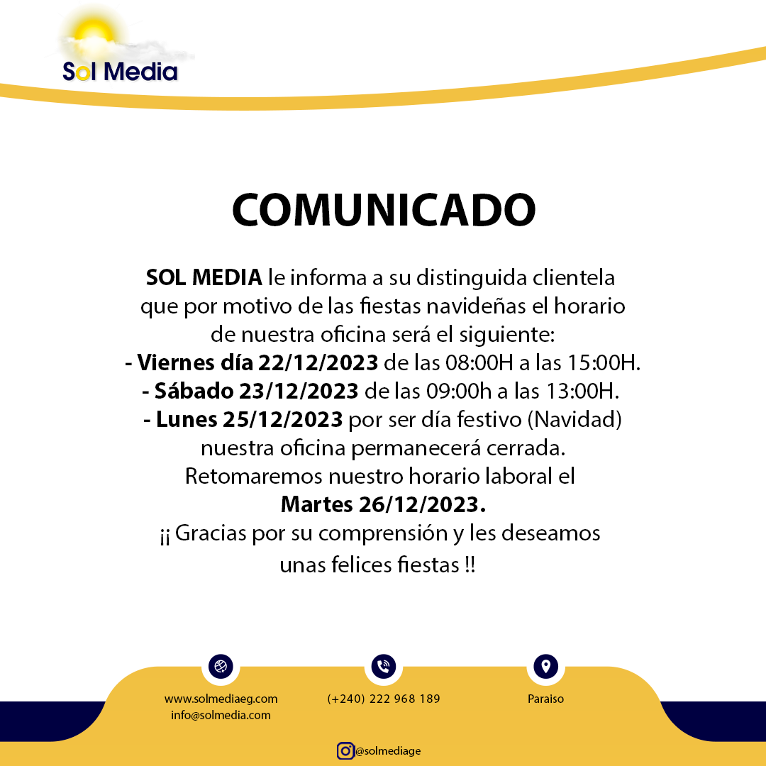 Gracias por su comprensión.
FELIZ NAVIDAD Y UN PRÓSPERO AÑO NUEVO
