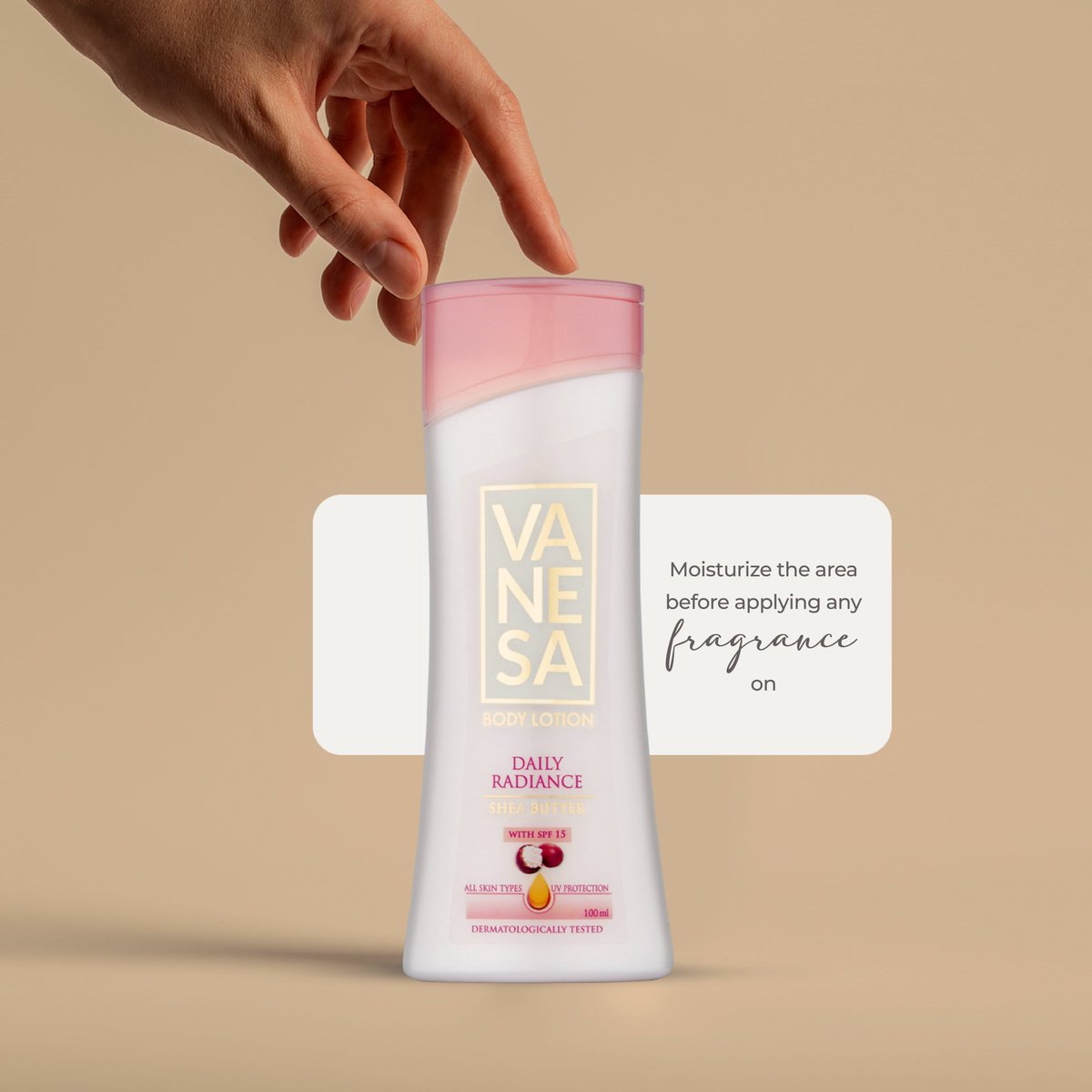 Moisturize your skin to keep it smooth and supple with Vanesa Daily Radiance body lotion. It hydrates and nourishes your skin while providing UV protection at the same time and making you look radiant. Love Your Self Love Vanesa #vanesabeauty #vanesaSkincare #Vanesa #Bodylotion